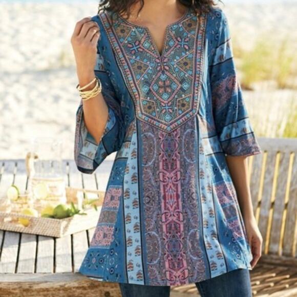 Soft Surroundings Zuzi Embroidered Bell Sleeve Tunic Blue S Artsy Boho Coastal - Picture 1 of 10